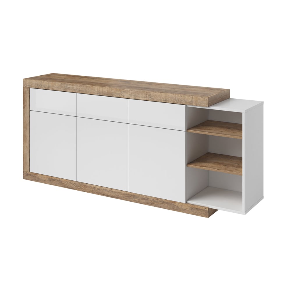 Grand buffet enfilade AZIOR blanc et bois 3 portes 3 tiroirs 200 cm