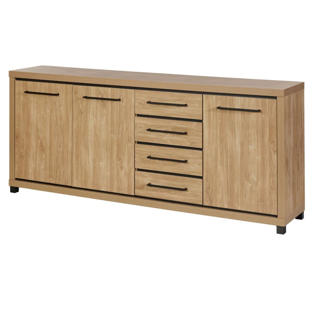 Grand buffet enfilade VASALY 225 cm décor chêne avec 3 portes et 4 tiroirs