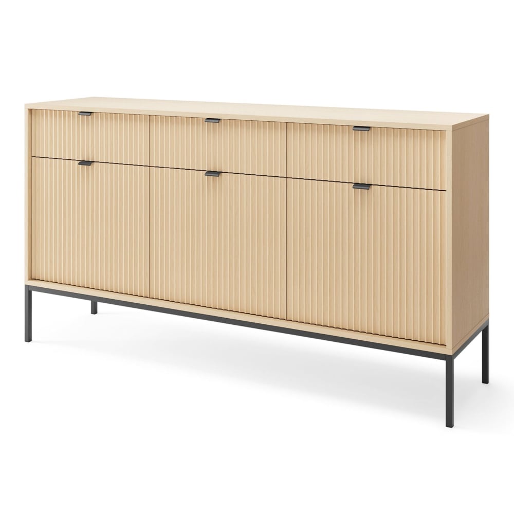 Buffet enfilade VELLORE aspect chêne 154 cm à 3 portes rainurées et 3 tiroirs