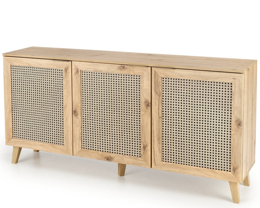 Buffet bahut KINA effet chêne naturel et rotin 160 cm avec 3 portes
