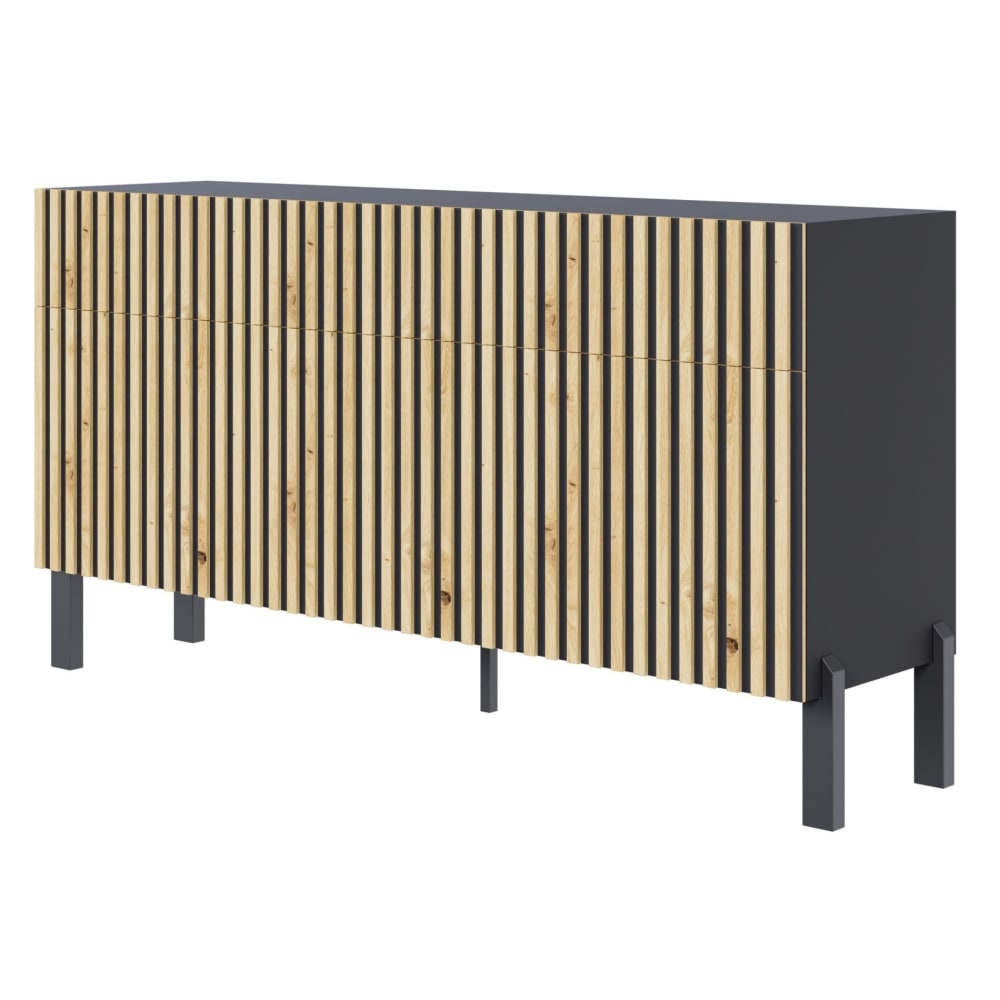 Buffet TELIRE noir et aspect chêne 3 portes 3 tiroirs 154 cm