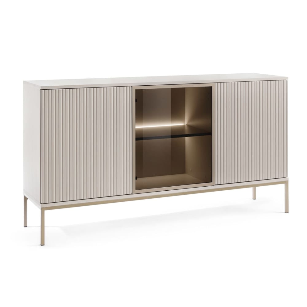 Buffet vitrine TOSENA grège 154 cm à trois portes avec éclairage LED