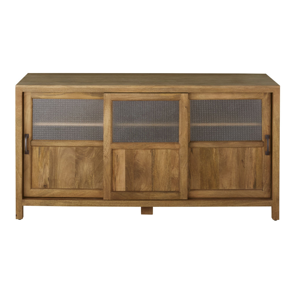 Buffet vitrine BARYTON en manguier avec 3 portes coulissantes en verre armé 150 cm