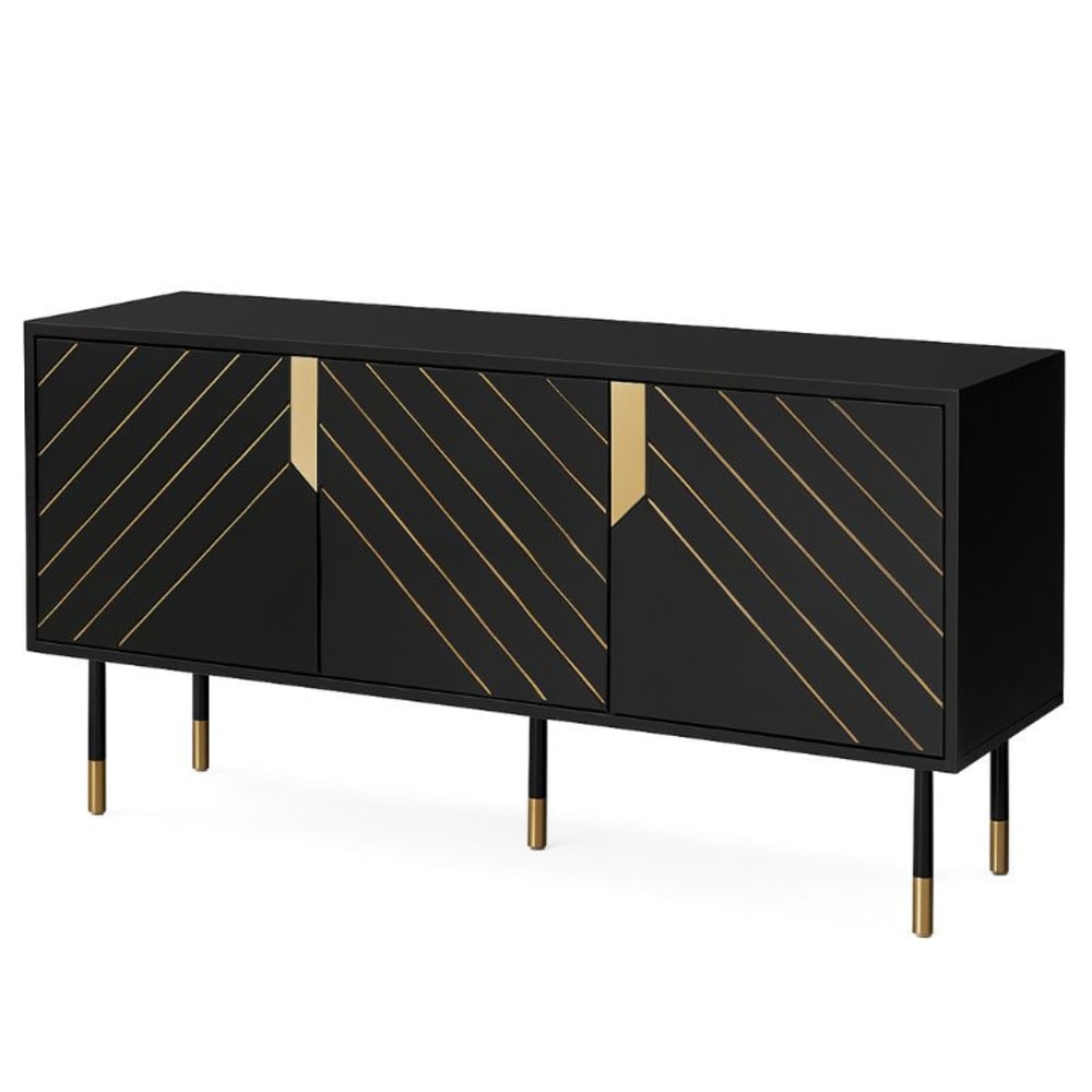Buffet enfilade CARDONA noir et doré 154 cm avec 3 portes sans poignée