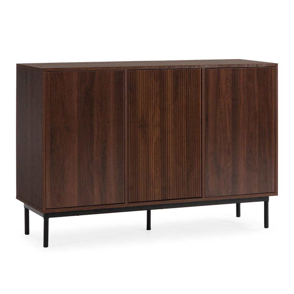 Buffet bas FLORIDA effet noyer 120 cm avec 3 portes et pieds métal noirs