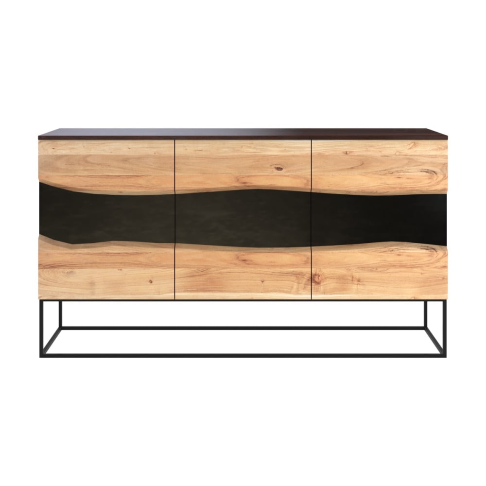 Buffet enfilade ALABAMA en acacia et métal noir 150 cm à façade sculptée