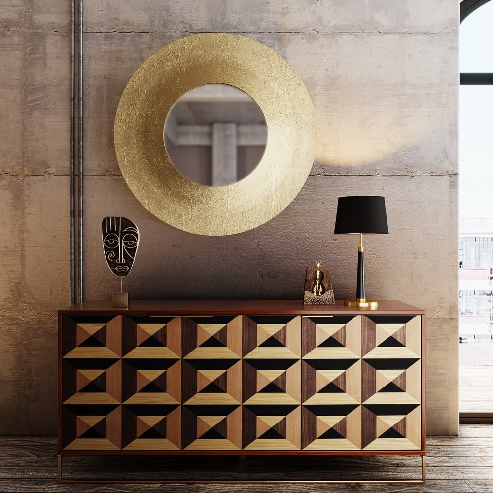 Détail du motif triangulaire en frêne et noyer du buffet SILENCIO