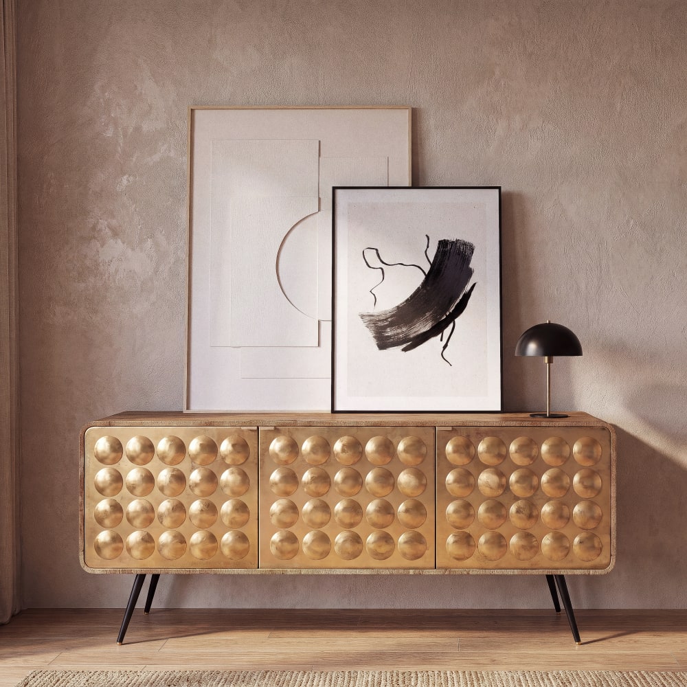 Grand buffet GATSBY en manguier massif et acier doré 174 cm