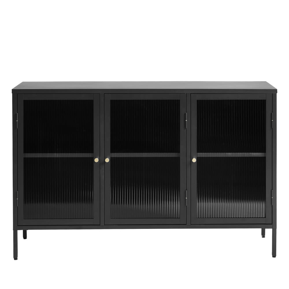 Buffet enfilade vitrée BJORN 3 portes verre strié et métal noir 132 cm