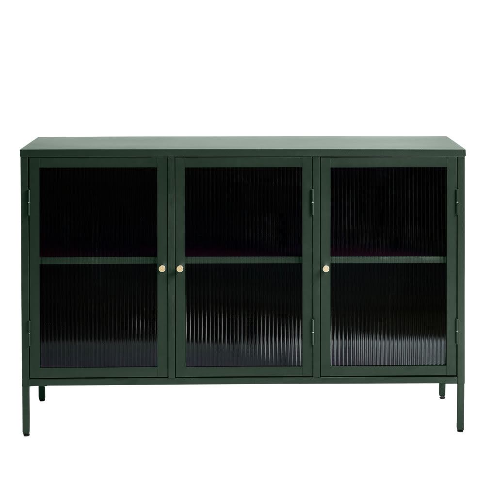 Buffet vitrine BJORN 3 portes en verre strié et métal vert 132 cm