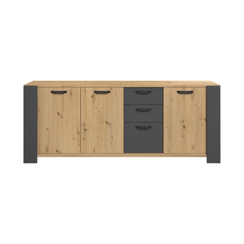 Grand buffet PIPPA TRAVIS effet chêne et gris ombré 220 cm avec 3 portes et 3 tiroirs