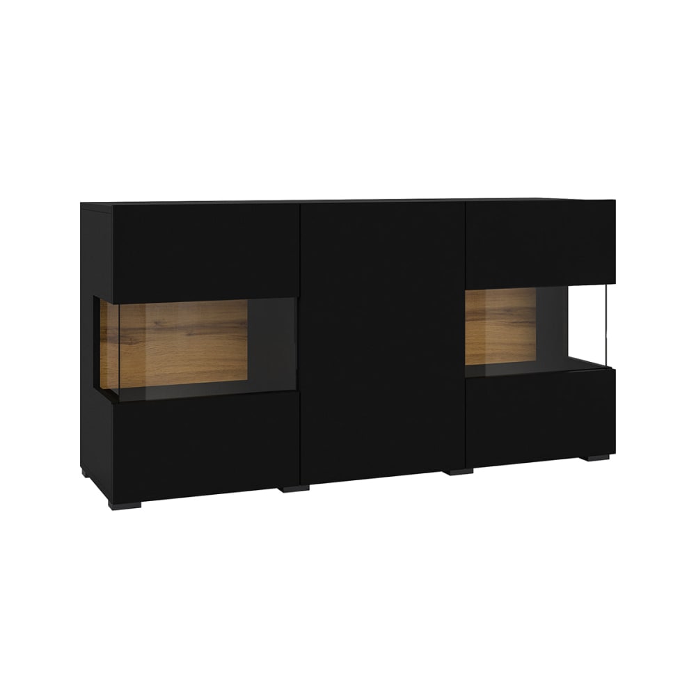 Buffet vitrine GLORA noir et bois de 120 cm avec 3 portes