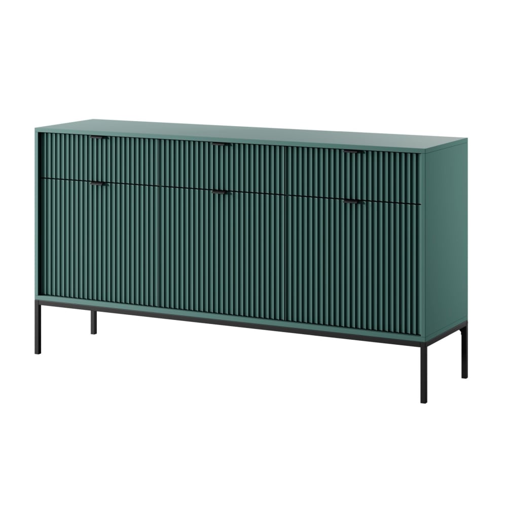 Buffet enfilade VELLORE vert cannelé 154 cm à 3 portes et 3 tiroirs