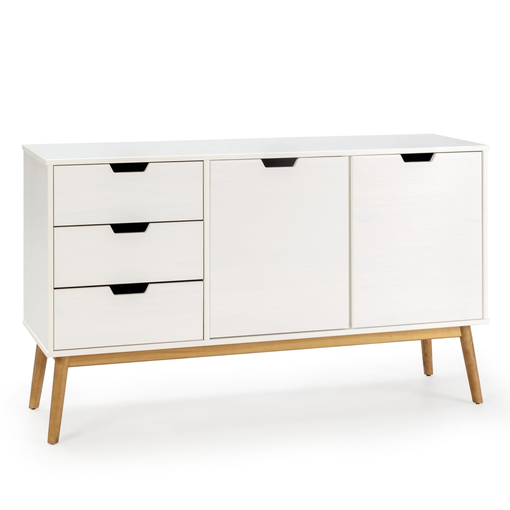 Buffet scandinave BAKU blanc à pieds en pin massif 140 cm