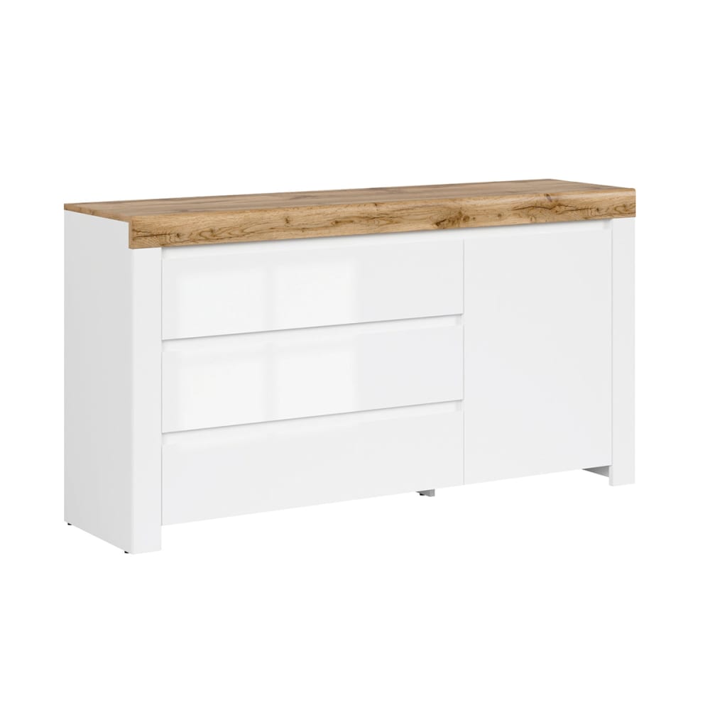 Buffet enfilade HELLA blanc et bois 156 cm avec 3 tiroirs et 1 porte