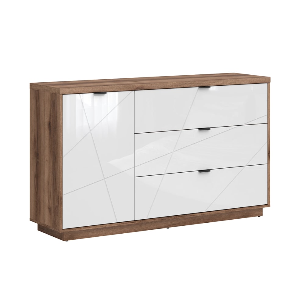 Buffet bahut SVEN blanc et bois 156 cm avec 3 tiroirs et 1 porte
