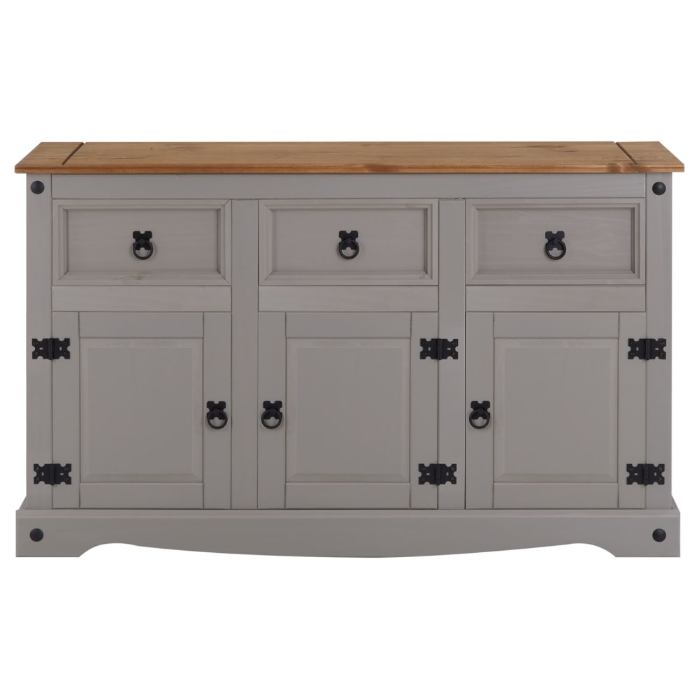 Buffet bahut RAMON en pin massif gris 3 portes et 3 tiroirs 125 cm