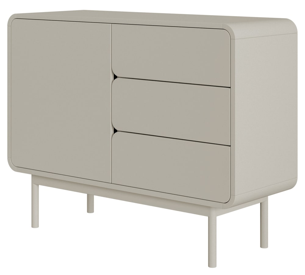 Petit buffet ORO gris beige 3 tiroirs et pieds hêtre 104 cm