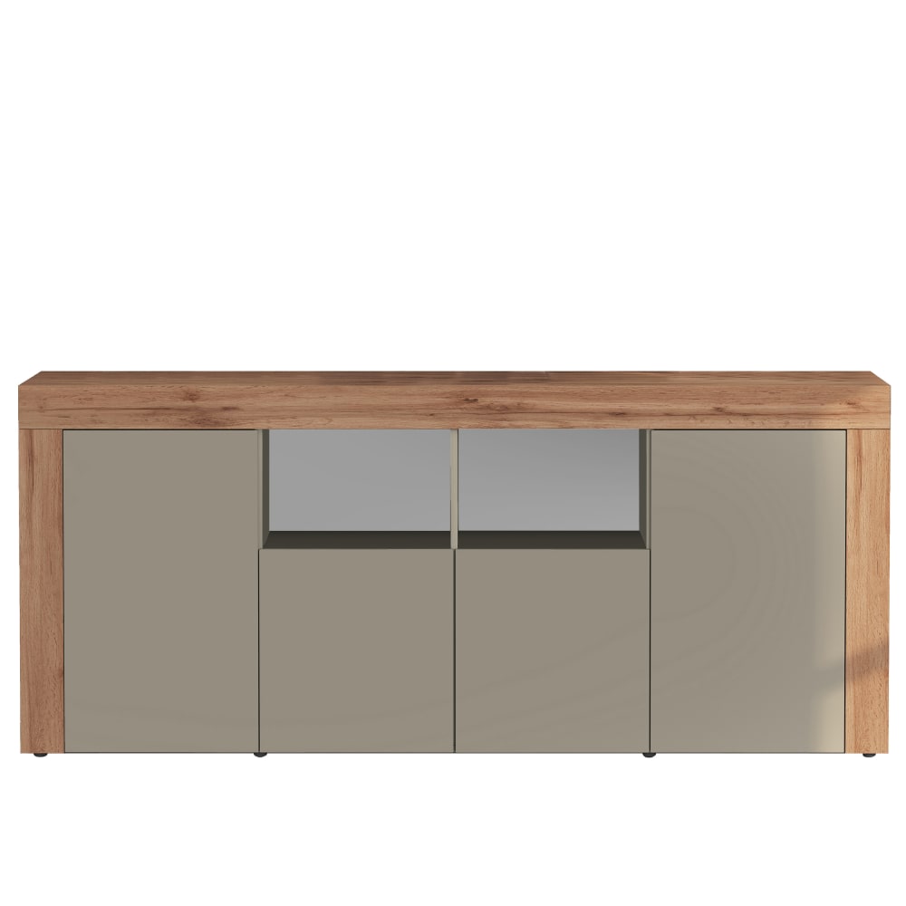 Grand buffet 4 portes et 2 niches taupe mat et chêne 200 cm - CHRONOS