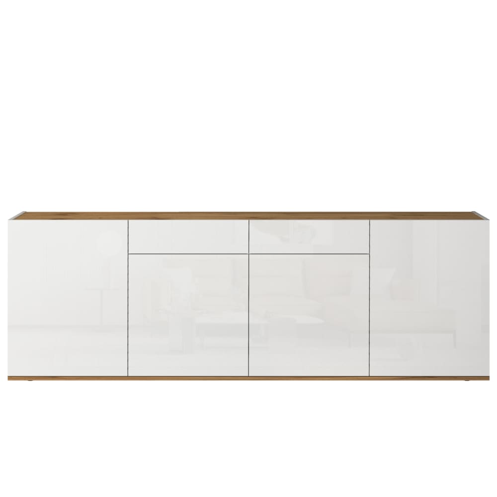 Grand buffet GARDA blanc brillant et chêne 200 cm à 4 portes et 2 tiroirs