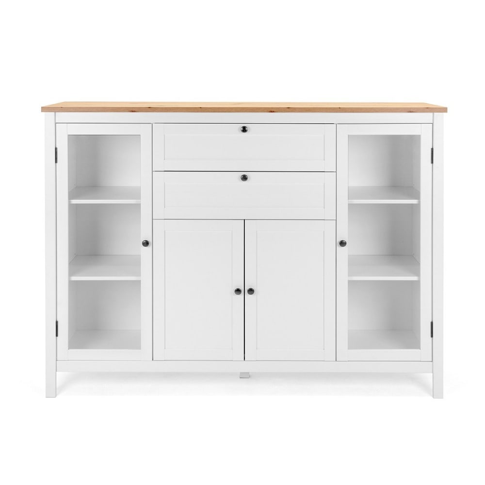 Buffet vaisselier BERGEN blanc et bois 160 cm avec 2 portes vitrées
