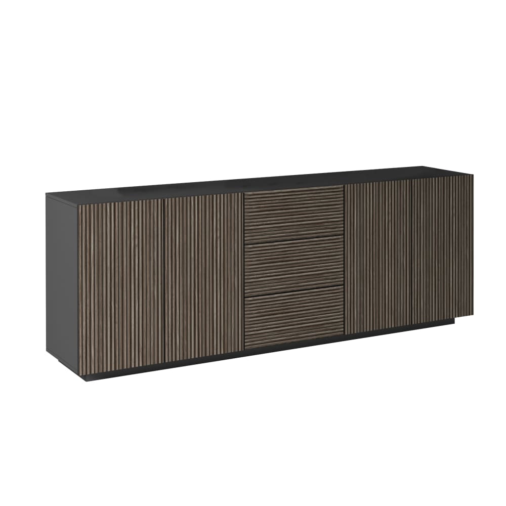 Grand buffet 4 portes et 3 tiroirs cannelé anthracite et bois foncé 220 cm - COSTE
