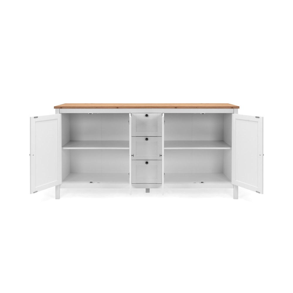 Grand buffet enfilade BERGEN blanc et bois 180 cm avec 4 portes et 3 tiroirs
