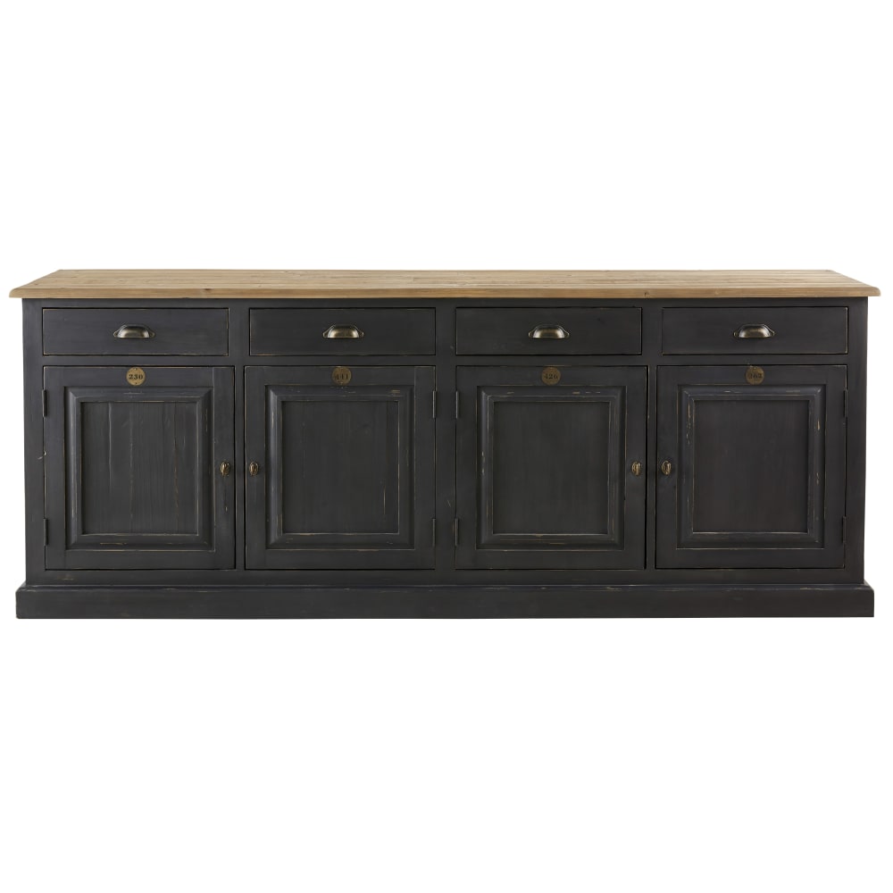 Grand buffet bahut IONESCO gris anthracite en pin recyclé 4 portes 4 tiroirs 210 cm