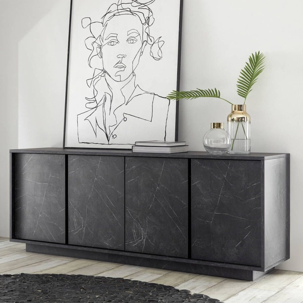 Détail du décor marbre anthracite du buffet PIRALIA