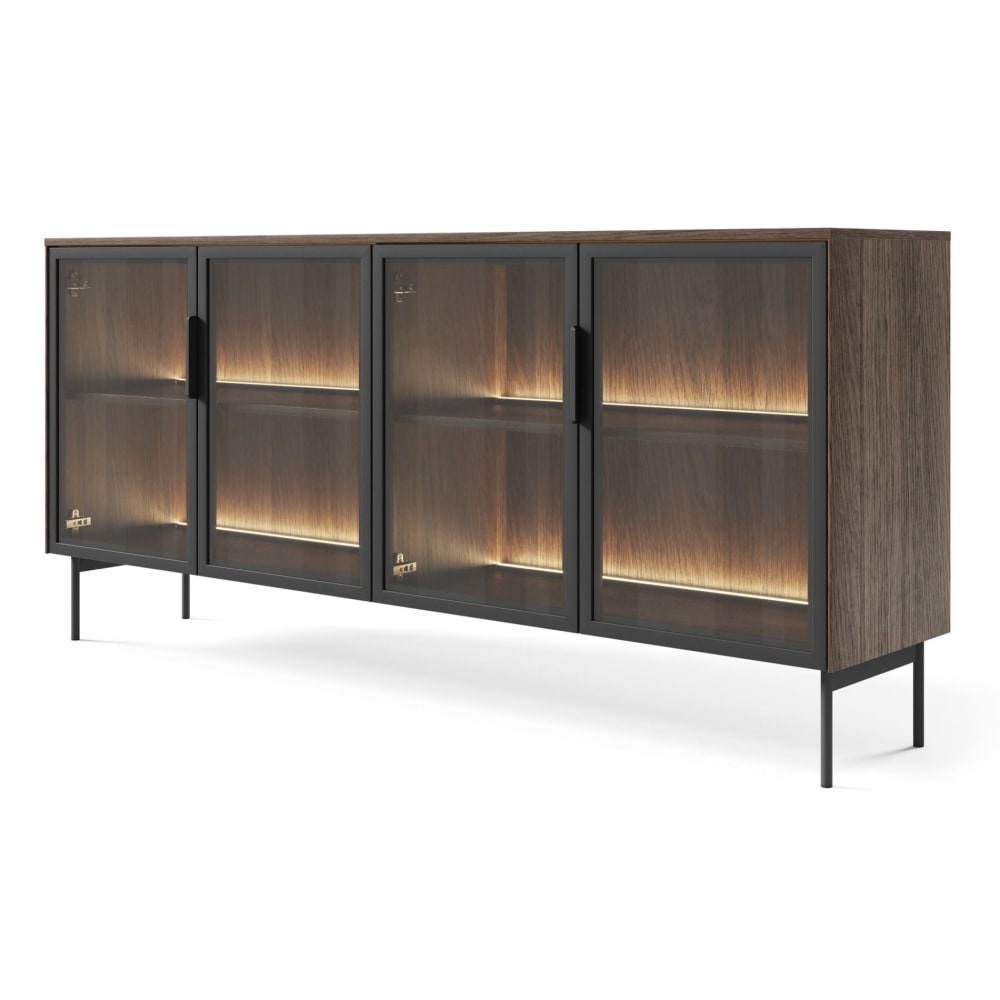 Buffet vitrine LUMI décor chêne foncé et LED 181 cm avec 4 portes