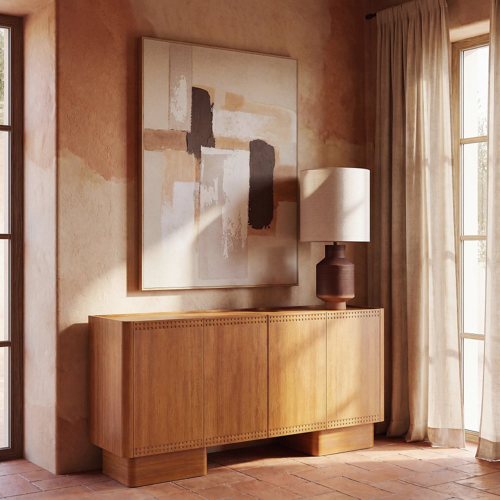 Grand buffet POSADAS 4 portes en placage acacia gravé 160 cm
