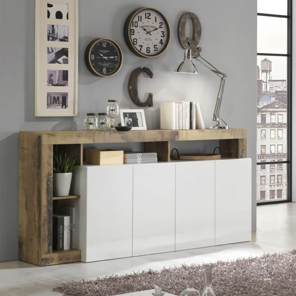 Détail des niches effet bois vieilli du buffet ARTURO