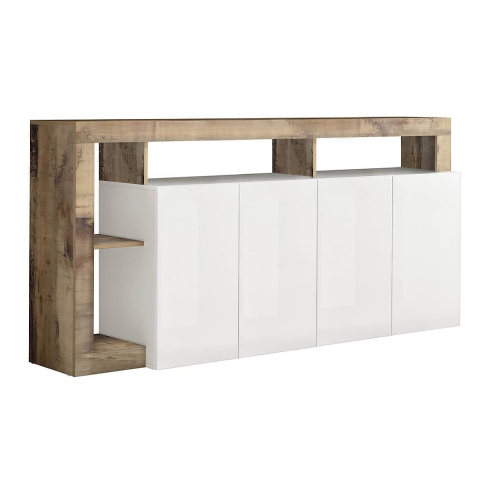 Grand buffet ARTURO blanc laqué et niches effet bois vieilli 184 cm