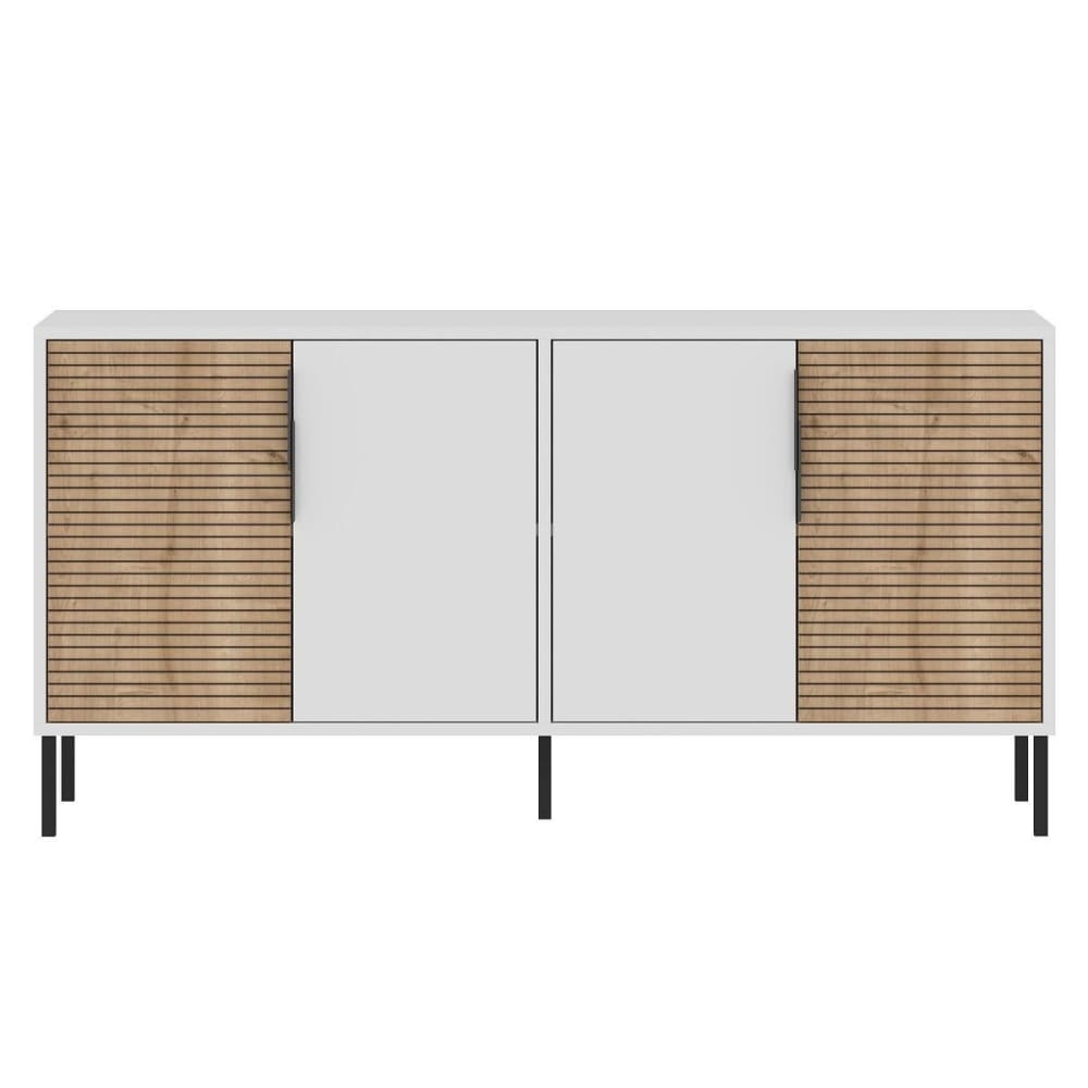 Buffet ZERRA blanc et chêne saphir 150 cm à 4 portes et pieds métal
