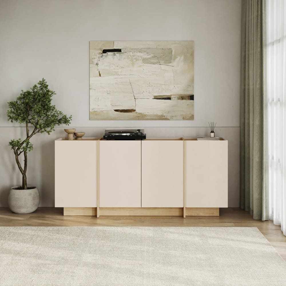 Détail du contraste cachemire et chêne saphir du buffet ONYX