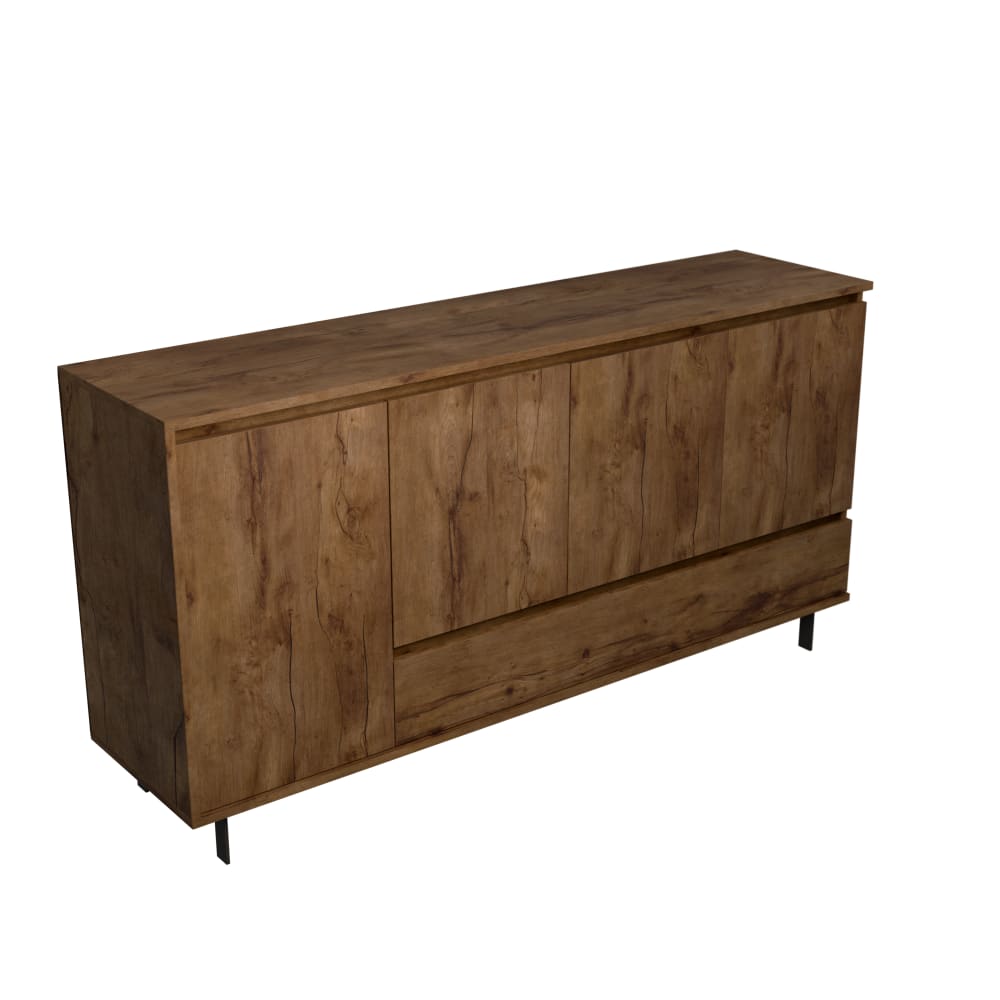 Buffet enfilade GUSTAVO effet noyer 180 cm avec 4 portes et pieds métal