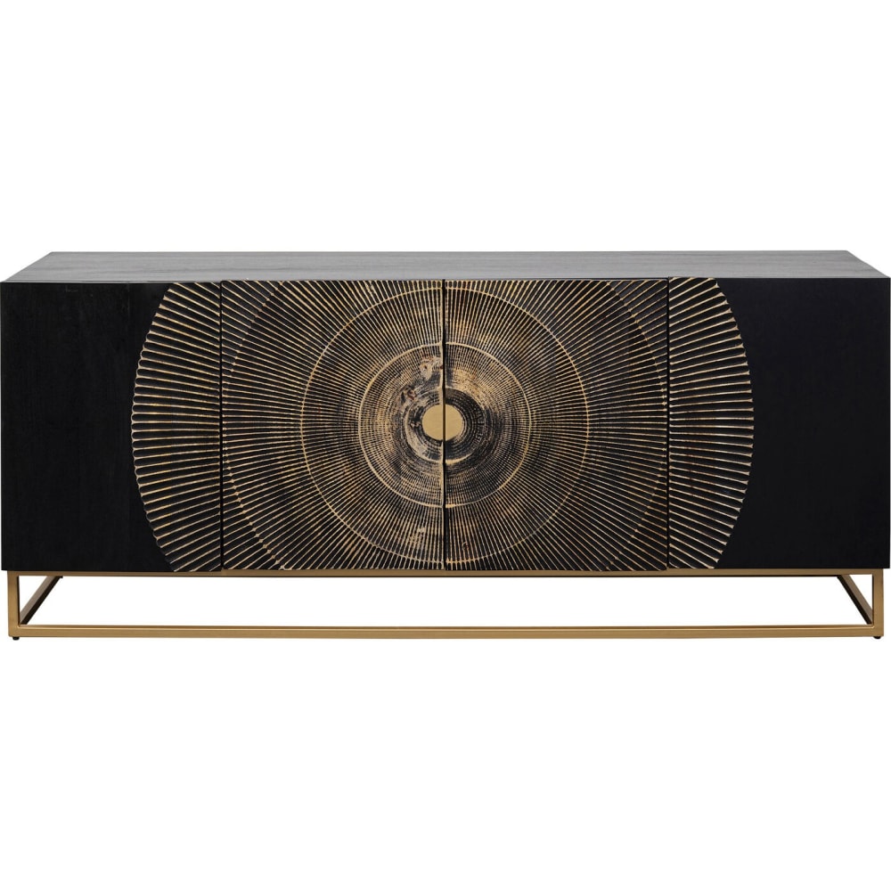 Buffet enfilade MADEIRA en bois noir et acier doré 177 cm avec 4 portes sculptées