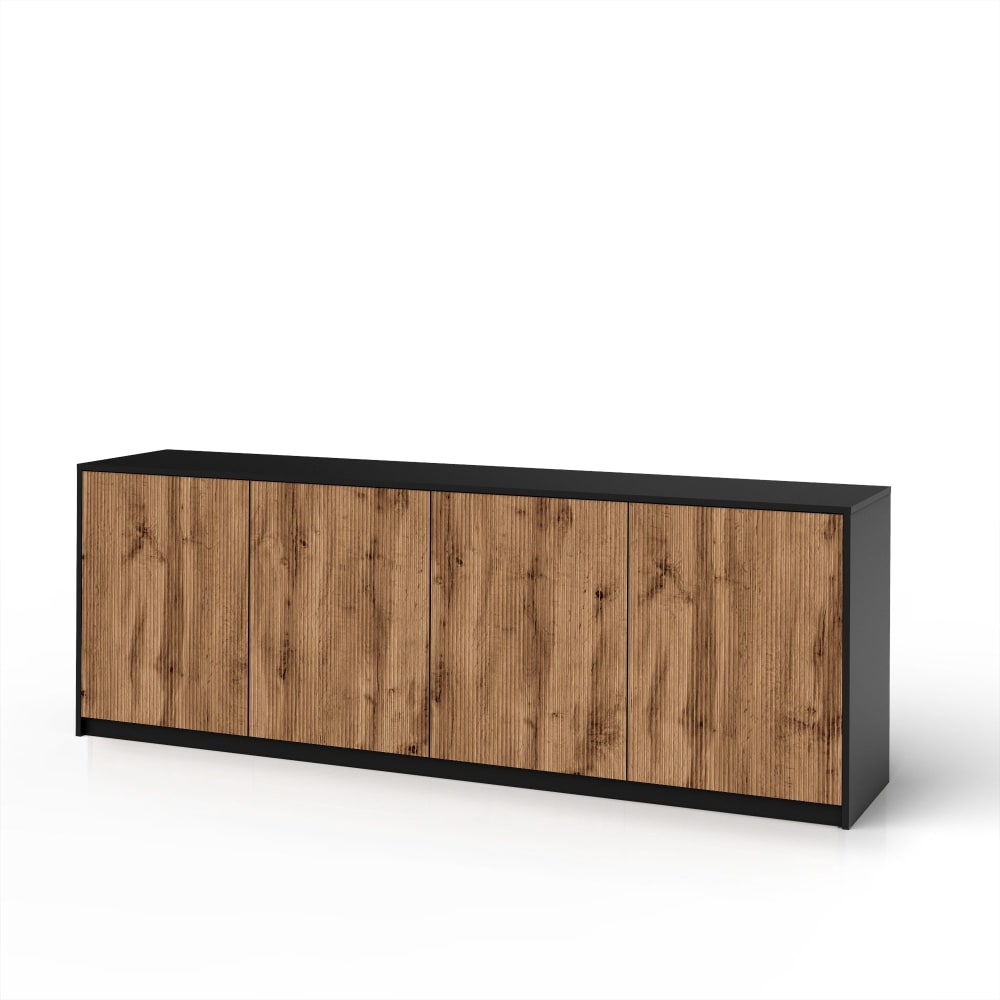 Très grand buffet BUDAPEST 4 portes noir mat et chêne 238 cm