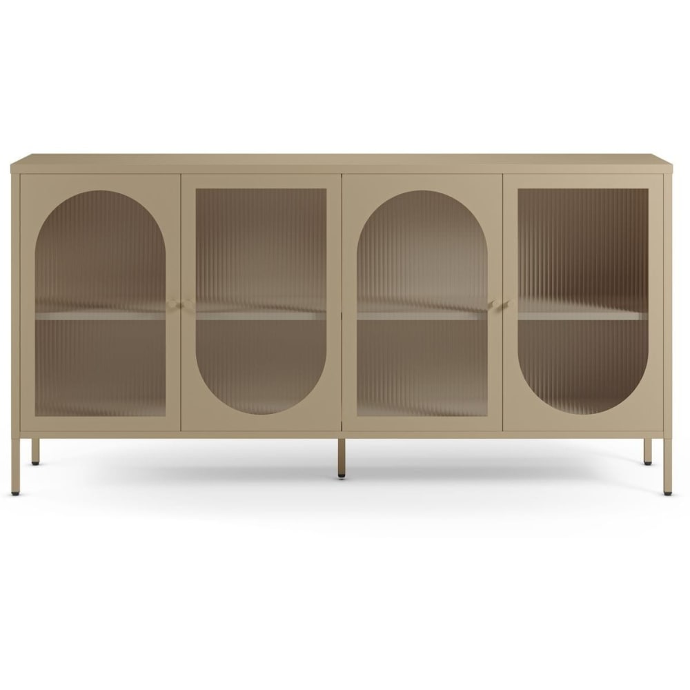 Buffet enfilade YSIA en métal beige et verre texturé 160 cm à 4 portes