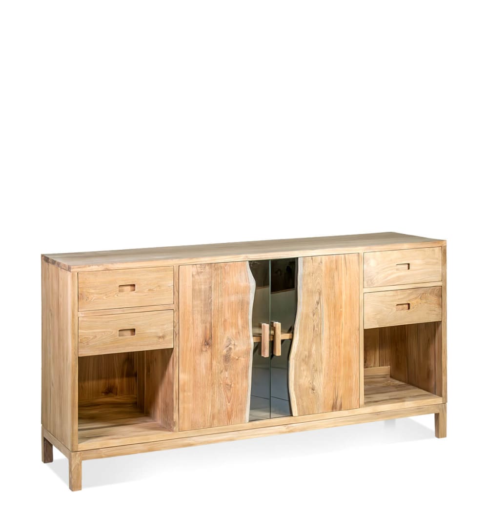Grand buffet ATLANTA en teck beige 170 cm avec 4 tiroirs et porte vitrée