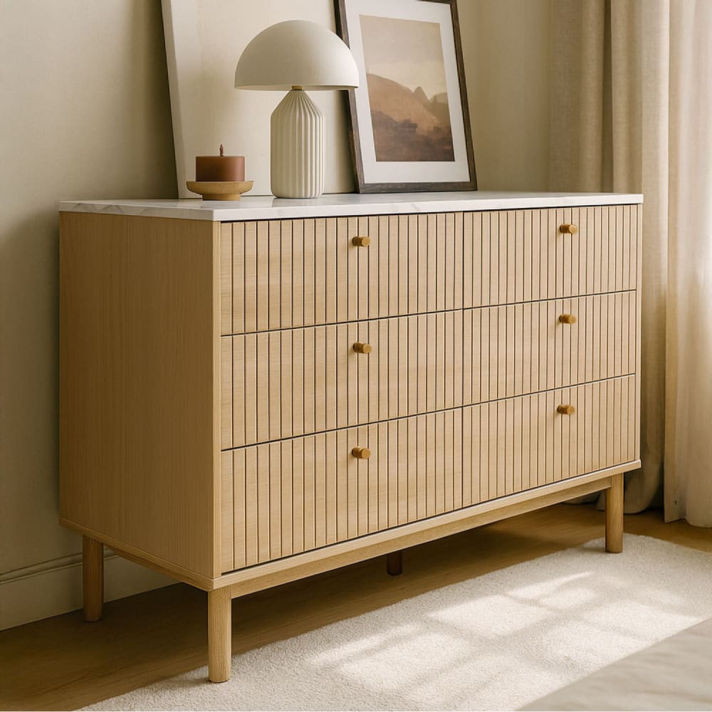 Buffet BROX tiroirs ouverts avec plateau marbre