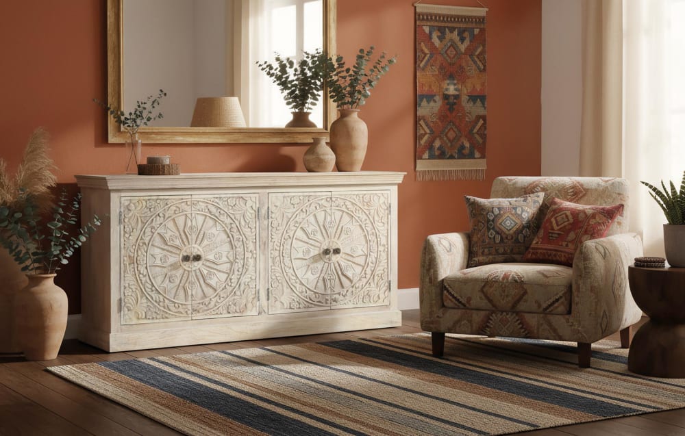 Détail des motifs sculptés à la main du buffet GINER Y COLOMER