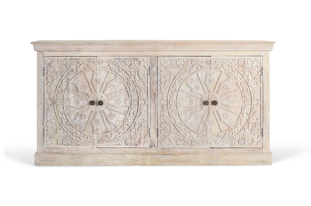 Grand buffet GINER Y COLOMER en manguier massif sculpté teinte sable 180 cm à 4 portes