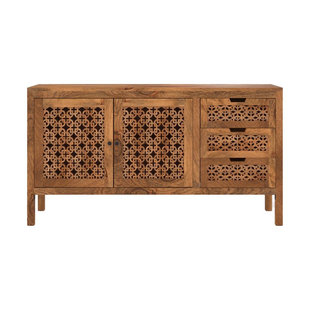 Buffet bahut JAYA en manguier massif ajouré 148 cm avec 2 portes et 3 tiroirs