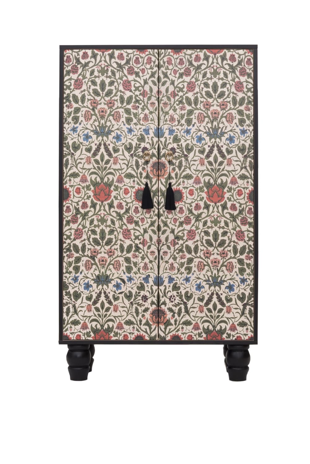 Petit buffet armoire WILLIAMS à fleurs sur fond noir 75 cm avec 2 portes