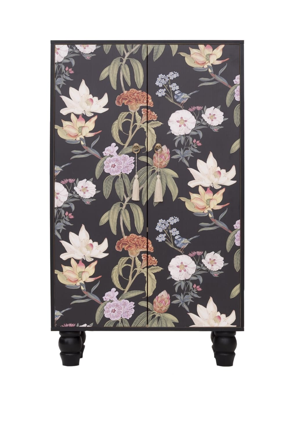 Buffet armoire haut JARA à décor floral noir 75 cm avec 2 portes