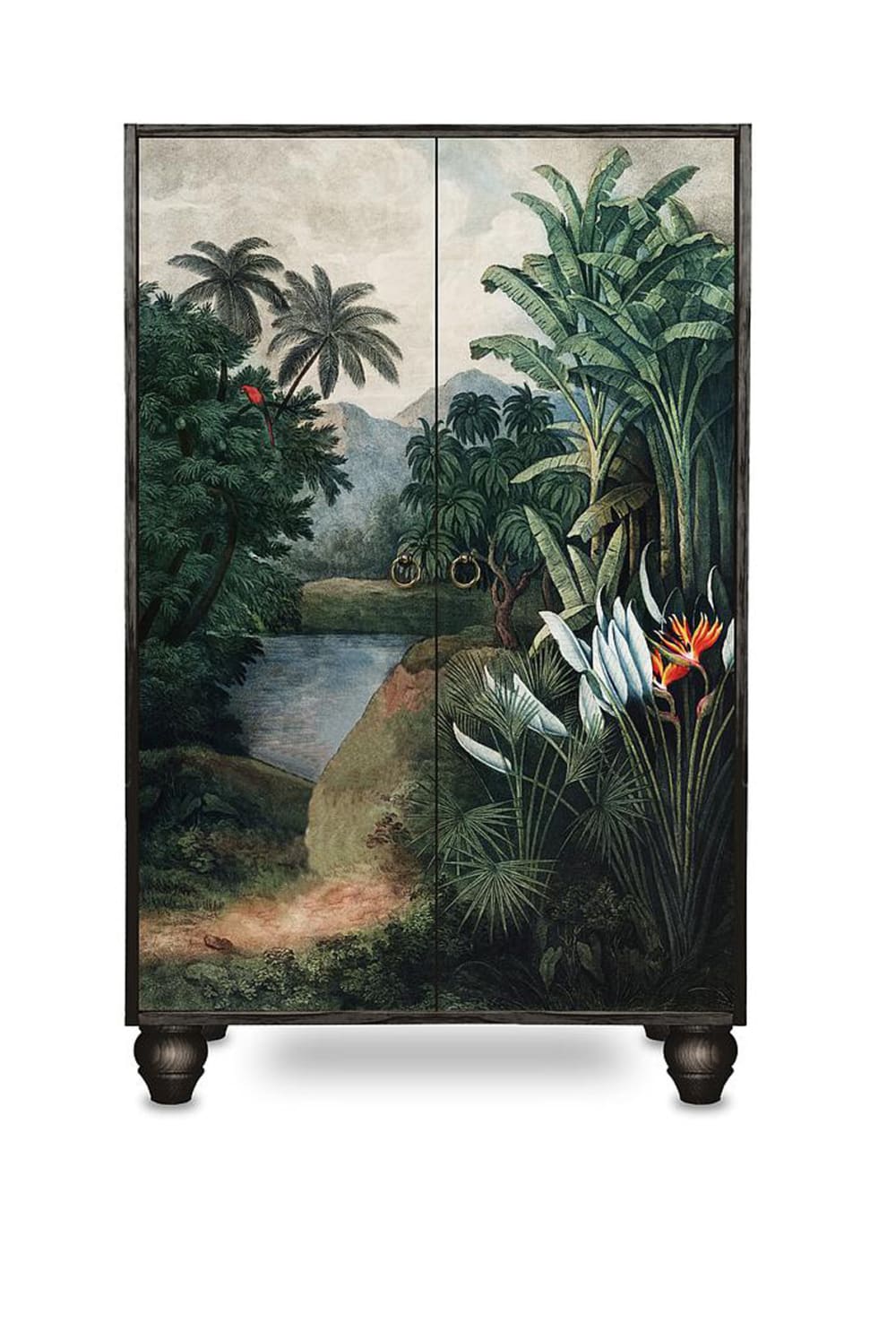 Buffet vaisselier TROPICAL JUNGLE à imprimé tropical sur fond noir 75 cm avec 2 portes