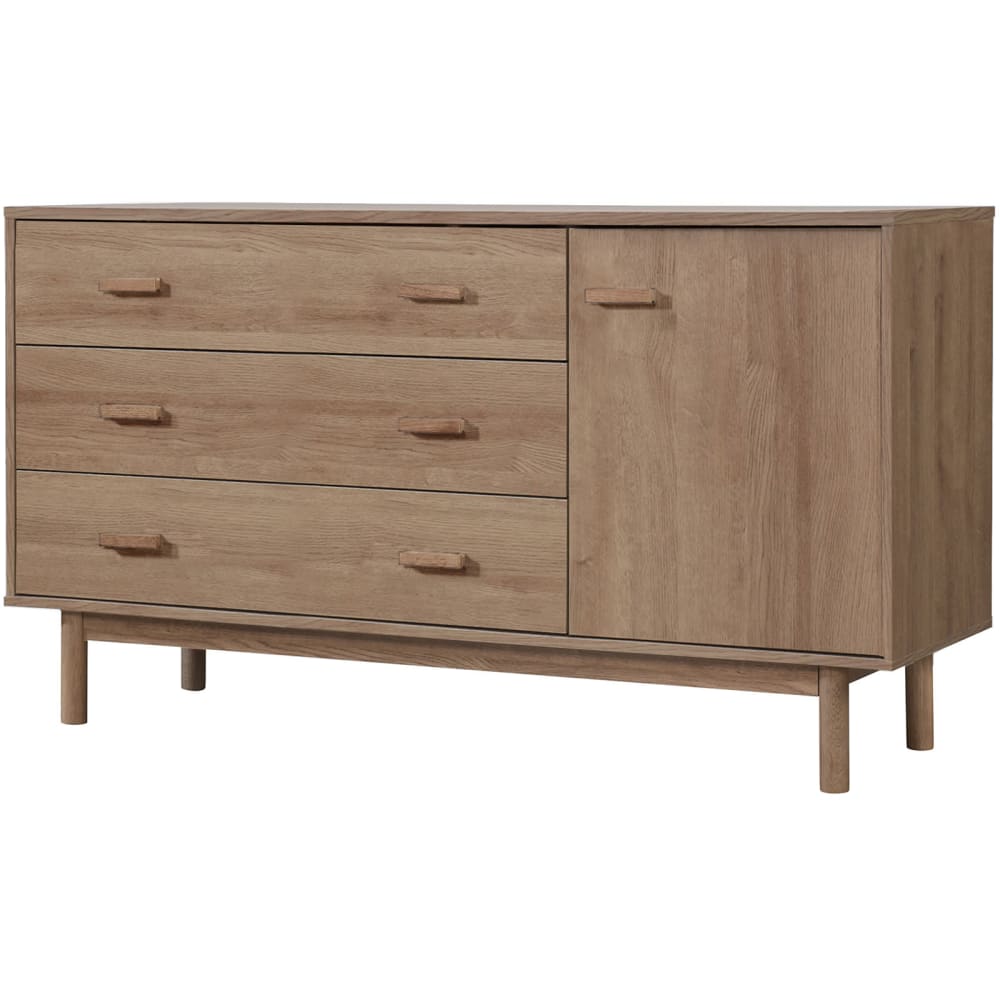 Buffet long MELANIE effet chêne chaud 144 cm avec 3 tiroirs