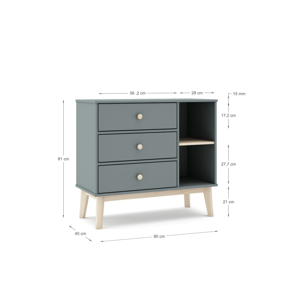 Petit buffet ELISE vert 90 cm avec 3 tiroirs et niche ouverte