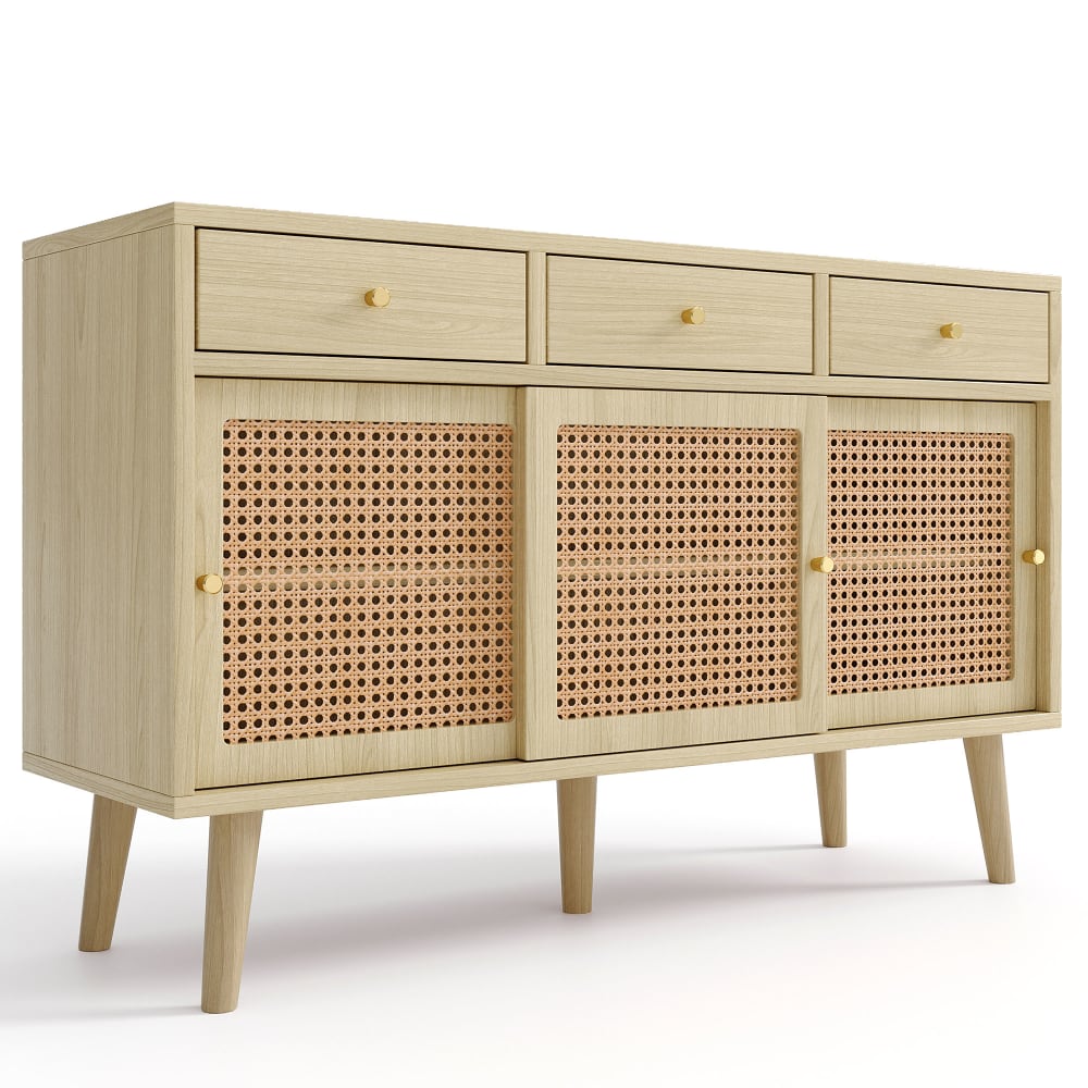 Buffet URBAN MEUBLE chêne clair 120 cm à portes coulissantes en rotin